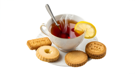A cup of tea with lemon and a spoon surrounded by biscuits on a white plate isolated on black