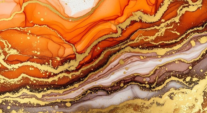 Abstract fluid art with orange and gold hues creating a marbled effect with intricate details and patterns