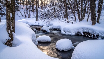 Winter stream in a snowy forest