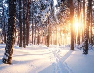 Winter sunbeams through a snowy forest