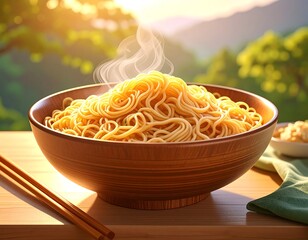 Steaming noodles in a wooden bowl
