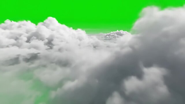 Digital Overlay Element with fly into the green screen cloud effect of flying multi layered clouds distortion, overlay, glitch, static noise, scan lines on black background, 4k animated video loop