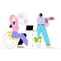 Two colleagues stretching at their desks during a workday with a monitor and desk plant in a modern office environment with a clean white background and flat color illustration style