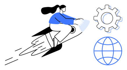 Woman on rocket symbolizes progress and speed. Gear and globe represent technology, mechanics, and global connectivity. Ideal for innovation, business, startup, technology, entrepreneurship