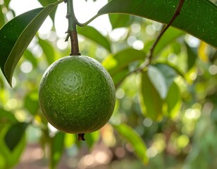 Unripe green fruit on a leafy branch