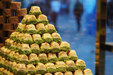 Delicious baklava pyramid at a local market display