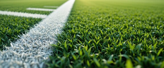 Close up view of vibrant green grass with a sharp white line marking a sports field boundary