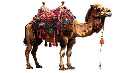3D Rendered Camel with Ornate Colorful Saddle – Side View PNG