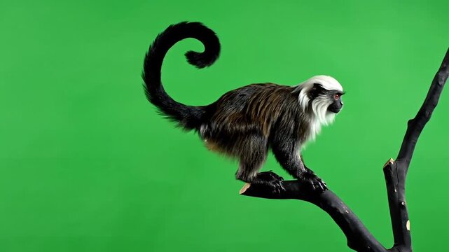 Playful monkey with a curly tail perched on a branch against a vibrant green background