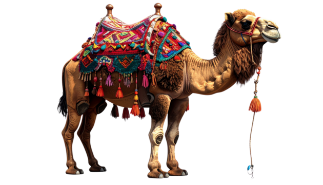 3D Rendered Camel with Ornate Colorful Saddle – Side View PNG