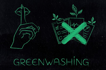 greenwashing illustration with shush hand and corporate documents