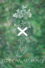 greenwashing illustration with shush hand documents and green gearwheel mechanism