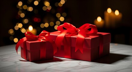 Festive Red Gift Boxes with Ribbons on a Marble Surface with a Blurred Christmas Tree and Candles in the Background