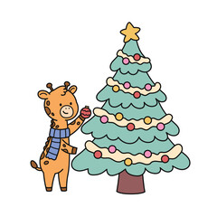 Fototapeta premium Festive animal character, sweet giraffe decorating Christmas tree with star topper and colorful ornaments. Flat cartoon style vector illustration isolated on white background