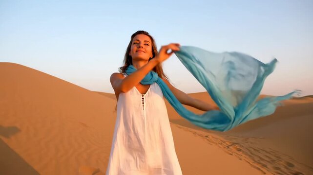 A joyful woman raises her arms with a flowing blue scarf in the vast desert.