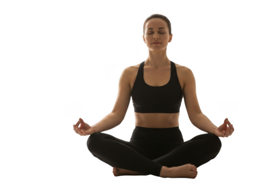 Woman meditating in lotus pose isolated on transparent background