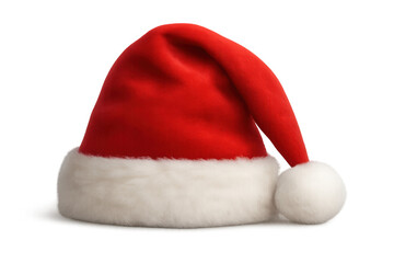 Red velvet santa hat with white fur trim and pompom, symbolizing christmas holiday celebration and festive cheer