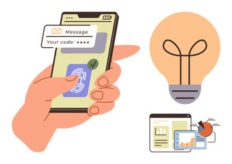 Smartphone with fingerprint login and verification code, large lightbulb, analytics chart on screen. Ideal for security, technology, innovation, data analysis, online tools, creativity efficiency