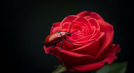 Close up of a red beetle crawling on a vibrant red rose against a dark background