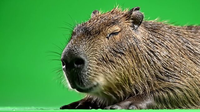Relaxed capybara with closed eyes rests against vibrant green background.