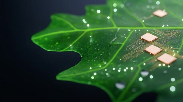 Green leaf with circuit board elements and glowing lights symbolizing eco friendly digital innovation