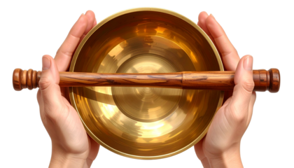 Meditative Hands Presenting orginal kashar pot Singing Bowl and Mallet – Top View 3D Render PNG
