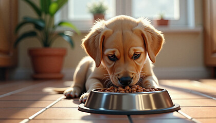 Puppy eating dog food from bowl on kitchen floor