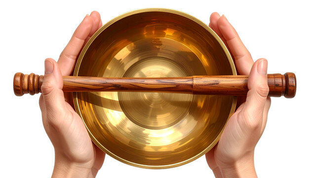 Meditative Hands Presenting orginal kashar pot Singing Bowl and Mallet &ndash; Top View 3D Render PNG