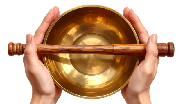 Meditative Hands Presenting orginal kashar pot Singing Bowl and Mallet – Top View 3D Render PNG