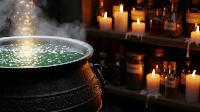 Bubbling cauldron with green potion surrounded by smoke candles and mystical light creating fantasy witchcraft and alchemy atmosphere