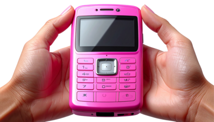 Front-Facing Pink Flip Phone in Hand – 3D Render PNG