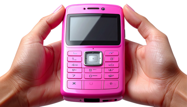Front-Facing Pink Flip Phone in Hand – 3D Render PNG