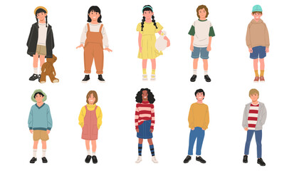 Set of cute children characters wearing casual clothes, standing and smiling. Diverse group of boys and girls in different outfits. Adorable kids illustration, isolated on white background, vector art