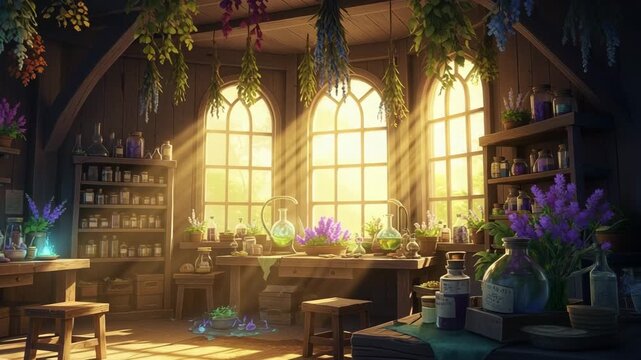 Magical medieval library interior with arched windows candlelight and ancient bookshelves filled with scrolls creating fantasy and wizardry mood