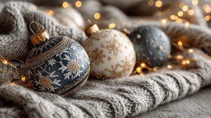 A detailed photo of shiny Christmas ornaments resting on soft fabric near twinkling lights capturing the essence of handcrafted holiday decor