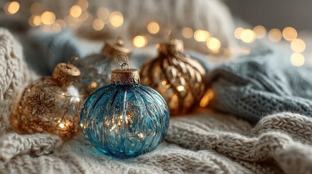 A detailed photo of shiny Christmas ornaments resting on soft fabric near twinkling lights capturing the essence of handcrafted holiday decor