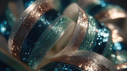 A cinematic macro shot of a shimmering ribbon curling around a beautifully wrapped present under glowing warm light