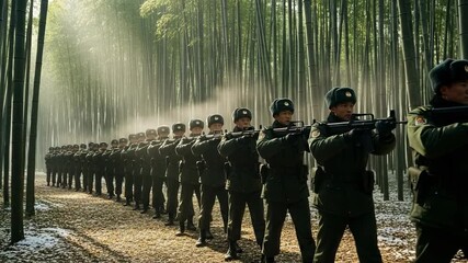 Disciplined formation of Asian soldiers in winter uniforms and fur hats marching with rifles through a sunlit bamboo forest with snow on the ground. - Powered by Adobe