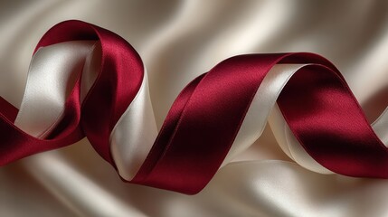 A hyperrealistic photo of satin and velvet ribbons cascading across textured wrapping paper backgrounds reflecting soft natural daylight