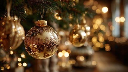 A close up of golden ornaments hanging from a fir branch with reflections of twinkling lights creating a luxurious and elegant Christmas atmosphere