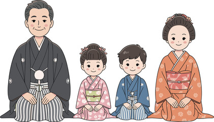 Traditional Japanese family wearing kimono, sitting together, smiling parents and children, cultural celebration illustration, flat cartoon vector art, Asian heritage concept