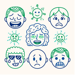 Funny cartoon faces set of children and smiley characters illustration