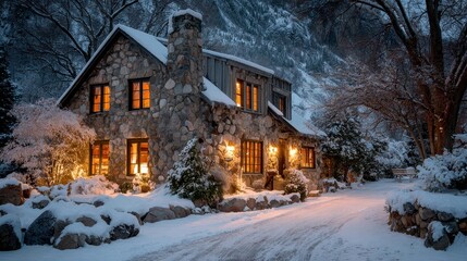 A snow covered inn glowing with golden lights at dusk surrounded by evergreen trees and warm window reflections capturing the magic of a cozy Christmas retreat
