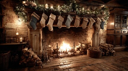 A fireplace scene inside a rustic Christmas inn with stockings hanging above the mantle and flickering firelight filling the room with comfort and nostalgia