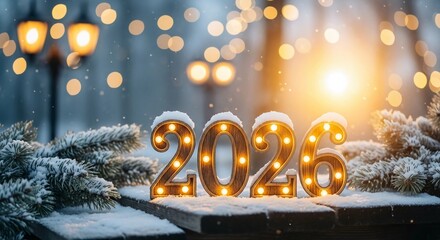 Illuminated 2026 Numbers Adorned With Snow And Festive Lights In A Winter Wonderland Setting