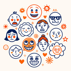 Funny cartoon faces set of children and smiley characters illustration