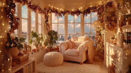 A festive living room scene featuring oversized stockings garlands and soft armchairs illuminated by golden hour sunlight