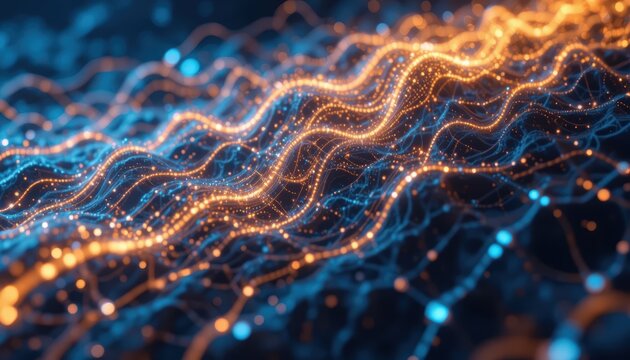 Wavy lines of glowing orange and blue particles against a dark background 70 characters