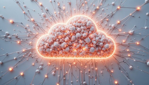 Abstract digital cloud graphic with glowing connections and luminous particles