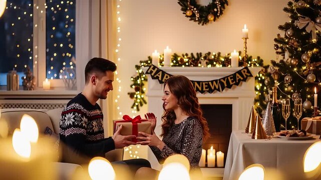 Joyful couple exchanging a special gift during a festive winter holiday celebration, creating a warm and memorable moment amidst sparkling decorations